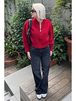 Madmext Kırmızı Bordo Fermuarlı Uzun Kollu Triko Hırka Mg2061