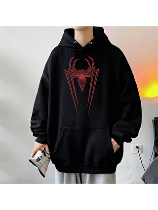 Touz Moda Siyah Spider Web Baskılı Unisex Oversize Hoodie