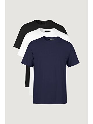 MMETALIC Lacivert Erkek Çok Renkli T- Shirt Regular Fit Rahat Kesim Bisiklet Yaka 3'lü Basic Tişört Paketi