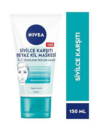 NIVEA Sivilce Karşıtı Yüz Temizleyici Beyaz Kil Maskesi 3İn1 150 ml, Peeling Ve Gözenek Arındırıcı