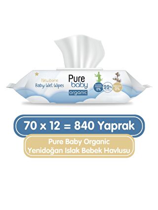 Pure Baby Organic Yenidoğan Islak Havlu 12x70 (840 Yaprak)