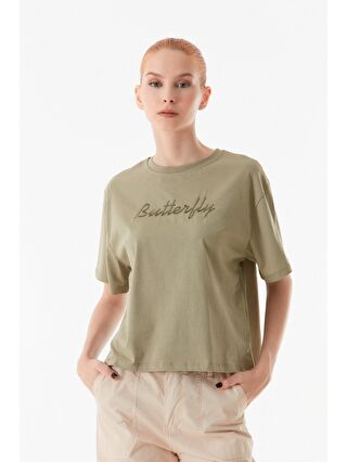 Fullamoda Siyah Butterfly Nakışlı Bisiklet Yaka Tişört