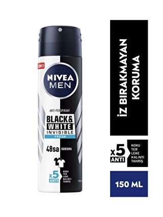 NIVEA Men Erkek Sprey Deodorant Black&White Invisible Fresh 150 ml, 48 Saat Anti-Perspirant Koruma