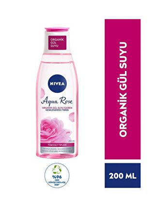 NIVEA Aqua Rose Organik Gül Suyu İçeren Nemlendirici Tonik 200 ml, Tüm Cilt , 24 Saat Yüz Ne mlendirici