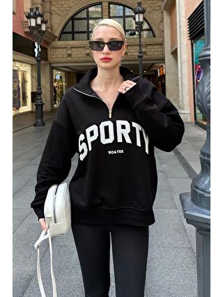 MADMEXT Siyah Yarım Fermuarlı Baskılı Sweatshirt MG2212