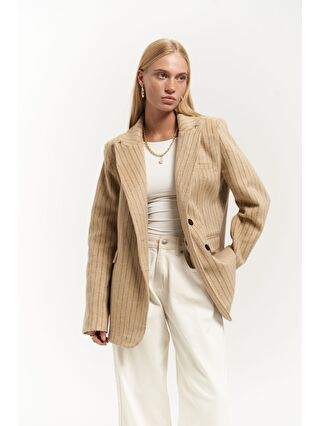 Mai Collection Bej Peters Dikiş Detaylı Çizgili Taupe Blazer