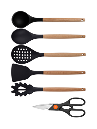 Kitchen Design Lab Siyah Bambu Silikon - Kepçe, Kaşık, Kevgir, Makarna, Açılı Spatula, Makas 6 lı Set