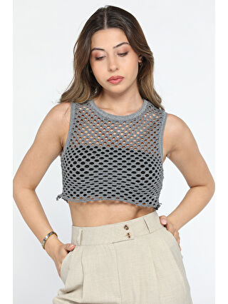 GÜLSELİ Gri Bisiklet Yaka File Kadın Crop Top Örme Süveter