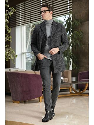 Buratti Siyah Slim Fit Tek Yırtmaçlı Düğmeli Mono Yaka Kaşe Kaban 5840098