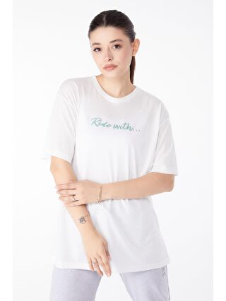 TOFİSA Bisiklet Yaka Kadın Ekru Kısa Kollu Baskılı T-Shirt - 24651