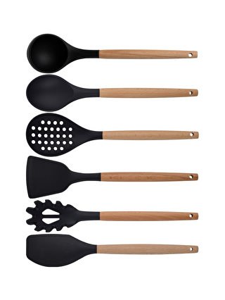 Kitchen Design Lab Siyah Bambu Silikon - Kepçe, Kaşık, Kevgir, Makarna, Açılı - Düz Spatula 6 lı Set