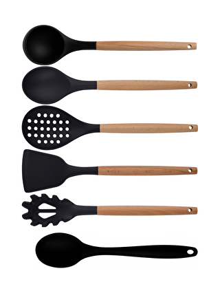 Kitchen Design Lab Siyah Bambu Silikon - Kepçe, Kaşık, Kevgir, Makarna, Açılı Spatula, Silikon Kaşık 6 lı Set