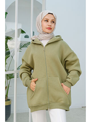 Locco Moda Kapüşonlu Oversize Fermuarlı Sweatshirt Fıstık Yeşil