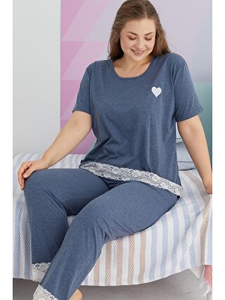 SİYAH İNCİ İndigo Curve Büyük Beden Battal Boy Pamuklu Örme Pijama Takımı