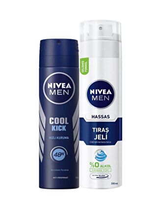 NIVEA Cool Kick Erkek Deosprey 150 ml + Tıraş Jeli Hassas Ciltler İçin 200 ml