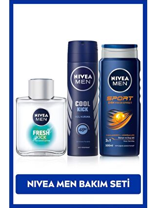 NIVEA Erkek Cool Kick Fresh Sprey Deodorant 150ml, Kick Fresh Tıraş Sonrası Losyon, Sport Duş Jeli 500ml