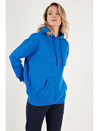 Lela Mavi Regular Fit Pamuklu Kapüşonlu Yaka Şardonlu Kışlık Sweat 5863854