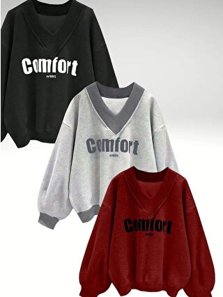 Trendseninle Karışık Kadın 3 Iplik Siyah Lightgri Kırmızı 3'lü Comfort In Paris Baskılı V Yaka Oversize Sweatshirt