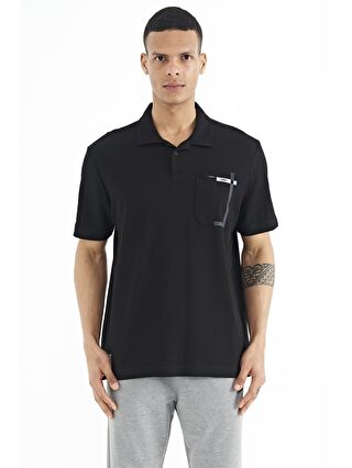 TOMMYLIFE Siyah Cep Detaylı Baskılı Standart Kalıp Polo Yaka Erkek T-Shirt - 88241