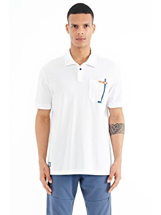 TOMMYLIFE Beyaz Cep Detaylı Baskılı Standart Kalıp Polo Yaka Erkek T-Shirt - 88241