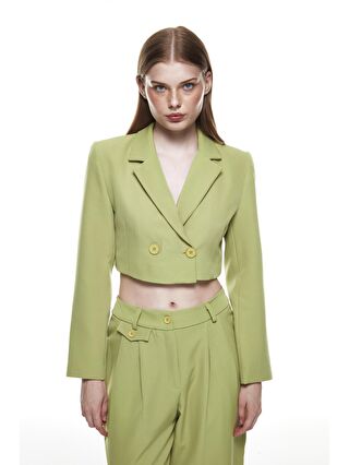 QUZU Yeşil Kruvaze Crop Blazer Ceket Olive