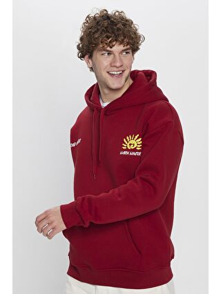 TUDORS Unisex Oversize Geniş Kesim Pamuklu Yumuşak Dokulu İçi Polarlı Baskılı Bordo Kapüşonlu Sweatshirt