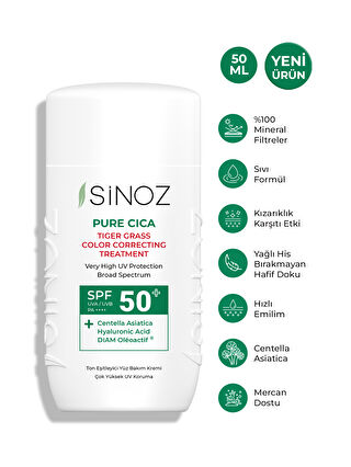 Sinoz Pure Cica Anında Ton Eşitleyici Ve Onarıcı Yüz Bakım Kremi - Yeni Nesil Mineral Güneş Filtresi Spf50