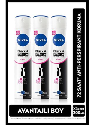 NIVEA Kadın Sprey Deodorant Black&White Invisible Clear 48 Saat Anti-perspirant Koruma 200mlx3adet