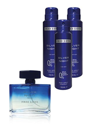 Free Love Silver Night EDP Erkek Parfüm 100 ml ve Deodorant 150 ml 3 Adet