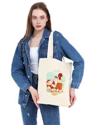 Bagg Ekru Kanvas Chicken Summer Photo Baskılı Bez Çanta