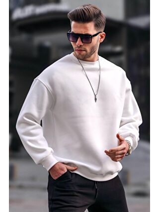 MADMEXT Ekru Bisiklet Yaka Oversize Şardonlu Basic Erkek Sweatshirt 6048