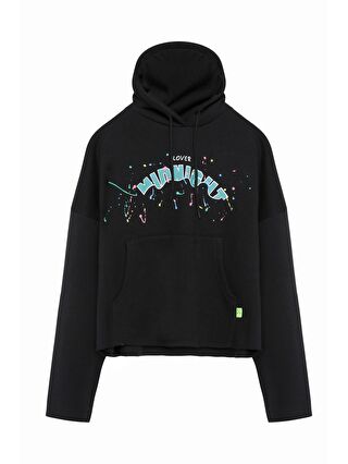 QUZU Baskı Detaylı Kapüşonlu Sweatshirt Siyah