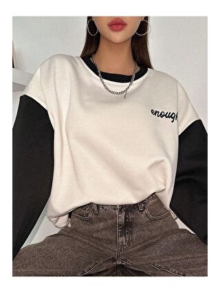 Trendseninle Kadın Beyaz Enough Baskılı Siyah Kol Detaylı Oversize Sweatshirt