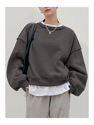 Trendseninle Gri Kadın Füme Dikiş Detaylı Bisiklet Yaka Sweatshirt