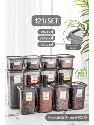 Meleni Home 12'li Set Kapaklı Kare Erzak Saklama Kabı Antrasit 4x(0,50 Lt -1,10 Lt -1,70 Lt) ETİKETLİ