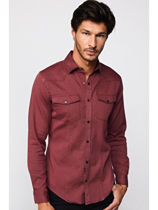 TUDORS Slim Fit Gündelik Denim Bordo Erkek Gömlek