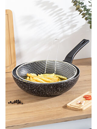 Porsima Siyah 2 Parça Yanmaz Yapışmaz Granit Kızartma Fritoz Wok Tava 28 Cm