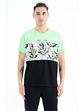 TOMMYLIFE Neon Yeşil Renk Geçişli Baskı Detaylı O Yaka Standart Kalıp Erkek T-Shirt - 88177