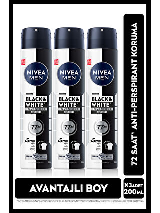 NIVEA MEN Erkek Sprey Deodorant Black&White Invisible Original 200ml, 72 Saat Anti-perspirant, X3 Adet