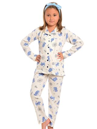 LITTLE FROG KIDS Ekru Pamuklu Uzun Kollu Desenli Düz Paça Kız Çocuk Pijama Takım