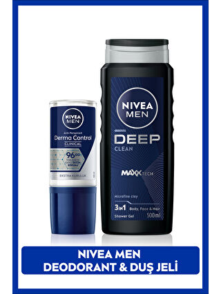 NIVEA MEN Erkek Banyo ve Duş Jeli Deep Dimension 500ml ve Roll-on Deodorant Derma Control Clinical 50ml