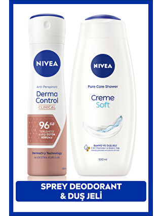 NIVEA Creme Soft Duş Jeli 500ml ve Kadın Sprey Deodorant Derma Control Clinical 50ml, 96Saat Ter Koruması