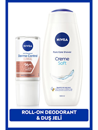 NIVEA Creme Soft Duş Jeli 500ml ve Kadın Rollon Deodorant Derma Control Clinical 50ml, 96Saat Ter Koruması