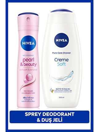 NIVEA Creme Soft Banyo ve Duş Jeli 500ml ve Kadın Sprey Deodorant Pearl&Beauty 150ml, 48 Saat Ter Karşıtı