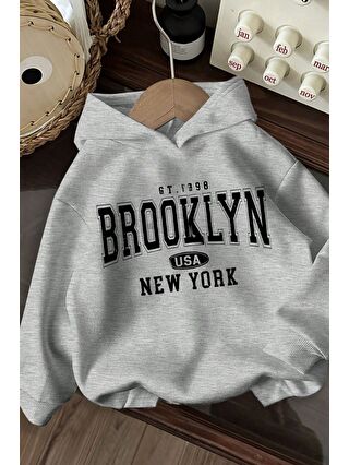 Trendseninle Unisex Gri Oversize Brooklyn Usa Newyork Baskılı Kapüşonlu Sweatshirt Hoodie