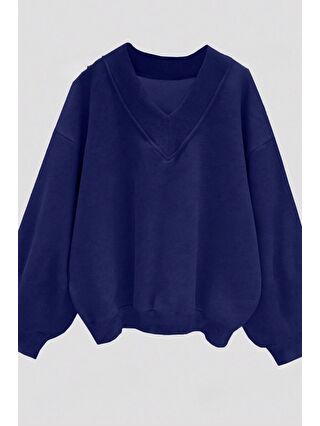 Trendseninle Kadın Lacivert Düz V Yaka Oversize Sweatshirt