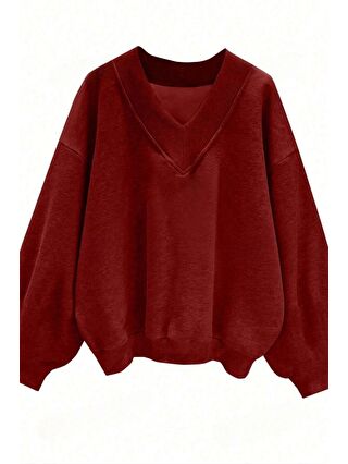 Trendseninle Kadın Kırmızı Düz V Yaka Oversize Sweatshirt