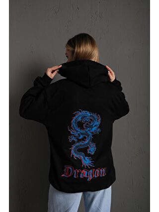 Trendseninle Siyah Kadın SİYAH Önü Dragon Yazılı Sırt Dragon Baskılı Kapüşonlu Oversize Sweatshirt