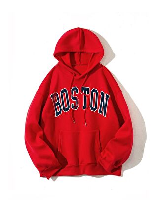 Trendseninle Kadın Kırmızı Oversize Boston Baskılı Kapüşonlu Sweatshirt