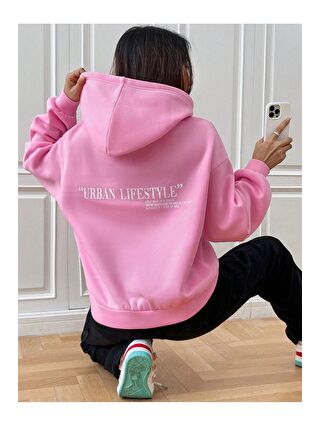 Trendseninle Pembe Kadın PEMBE Urban Lifestyle Baskılı Oversize Kapüşonlu Sweatshirt